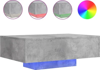 A concrete coffee table with LED lighting underneath, shown with close-up examples of different lighting colors.