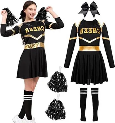 Productafbeelding van Famanu cheerleader-kostuum voor meisjes - zwart, met pompons en sokken