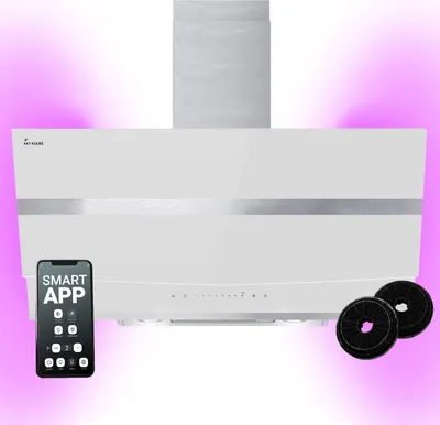 A white range hood with a silver accent strip, shown with a smartphone displaying a 'SMART APP' interface and two charcoal filters. The background is a gradient of pink.