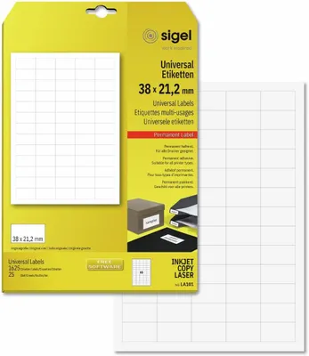 Produktbild von SIGEL LA101 Universal-Etiketten, 38 x 21,2 mm, weiß, 1625 Etiketten