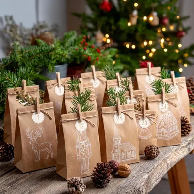 Immagine prodotto di Set per creare un calendario dell'Avvento fai-da-te: 24 sacchetti di carta kraft con decorazioni, numeri adesivi, graffette di legno e corda di juta
