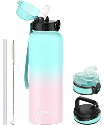 Produktbild von Edelstahl Wasserflasche mit Strohhalm 1.2L/40oz Isolierte Thermosflasche Auslaufsicher Grün Rosa