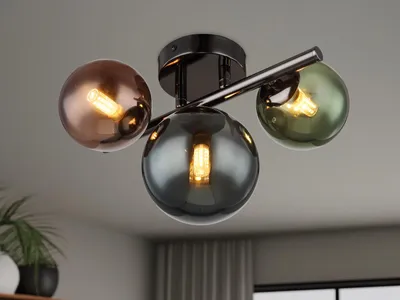 A ceiling light fixture with three glass globes of different colors.