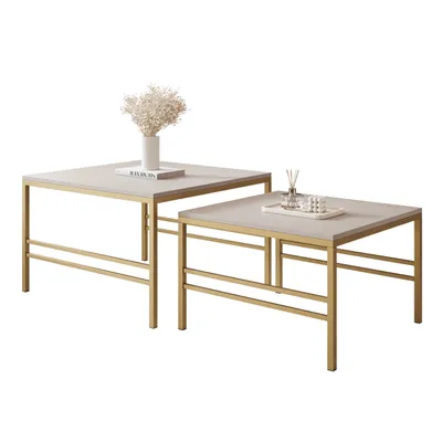 Produktbild von Idohome - Moderner Couchtisch FORMA 2in1 70/60 cm für das Wohnzimmer 2er Set mit Metalgestell Kaffeetisch Wohnzimmertisch Gold Matt / Kaschmir