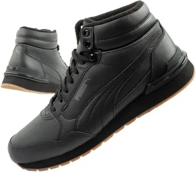 A pair of black Puma high-top sneakers are shown against a white background. One shoe is in the foreground, angled towards the viewer, while the other is in the background, slightly out of focus.