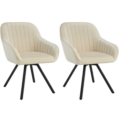 Two cream-colored swivel armchairs with black legs are shown against a white background.