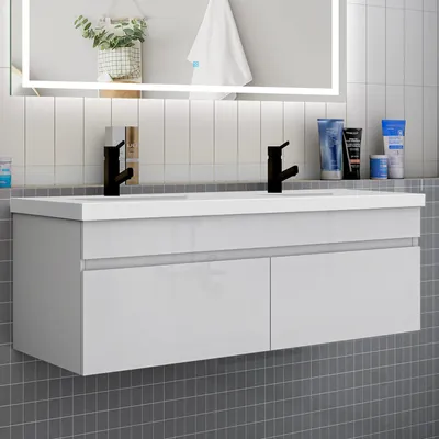 Produktbild von Badmöbel HUTI-Serie 120cm Hochglanz Weiß Mineralguss Waschtisch mit Unterschrank Hängeschrank Badezimmermöbel mit 2 Türen