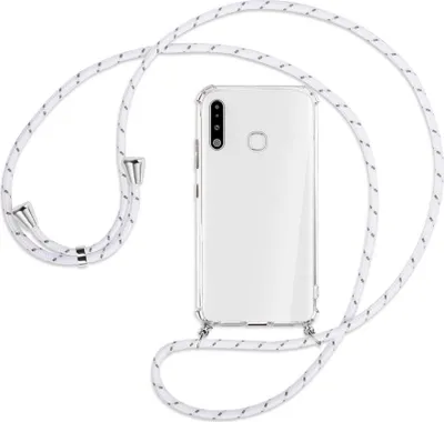 Produktbild von Handykette Backcover-Schutzhülle mit Band (Metall silberfarben) für Samsung Galaxy A70e - weiß/grau