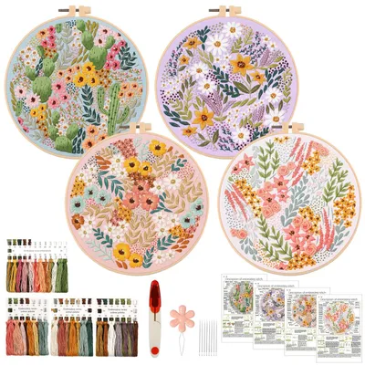 Stick-Set für Anfänger, Blumenmuster, 4 Stück, mit Anleitung