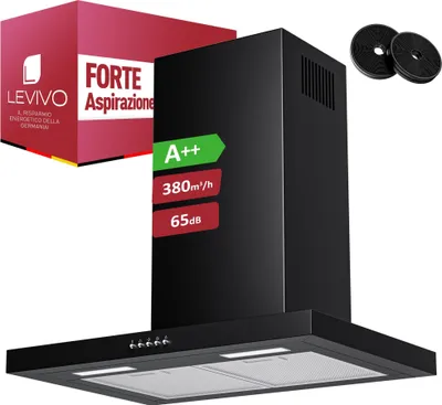 Immagine prodotto di Cuffia di aspirazione LEVIVO A++ 60cm ricircolo e scarico dell'aria con portata d'aria di 380 m³/h, cuffia di aspirazione con 2 filtri a carboni attivi, 2 filtri antigrasso, 3 livelli di potenza