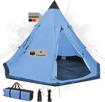 Produktbild von DELUKE® Campingzelt 4 Personen TIPI blau | regenfest, atmungsaktiv | Tipi Pyramidenzelt Familienzelt für 4 Personen Gruppenzelt Zelt Camping Zelt Outdoor Zelten