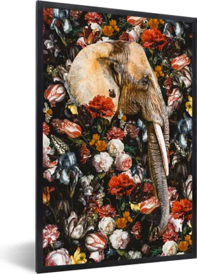 Produktbild von MuchoWow® MuchoWow® Gerahmtes Poster Elefant - Blumen - Illustration 60x90 cm - Poster mit zchwarzem Bilderrahmen - Kunst