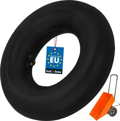 A black inner tube for a wheelbarrow or sack truck is shown against a white background. A small orange wheelbarrow is visible in the lower right corner. A blue tag with "MADE IN EU" and "kotarbau" is hanging from the inner tube.