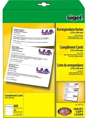 Image de SIGEL LP713 Cartes de correspondance, DIN long (105x210 mm), blanc, 60 cartes