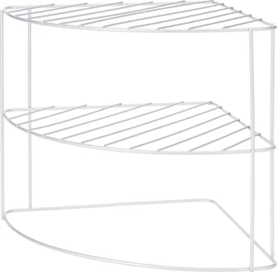 A white wire corner shelf unit with three tiers.