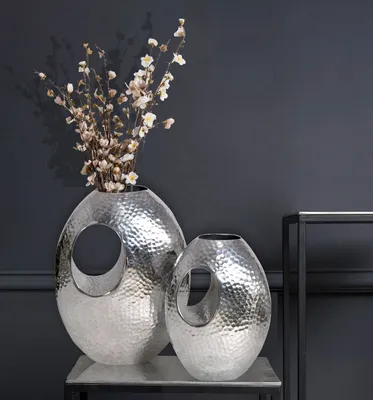 Zdjęcie produktu dla Wazon Zestaw 2 sztuk FineBuy Wazon na kwiaty Aluminiowy młotkowany wazon stołowy Nowoczesny wazon dekoracyjny
