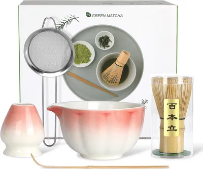 Produktbild von Matcha Teezeremonie Set, Matcha Schale, Bambus Matcha Besen, Besenhalter, Bambuslöffel & Pulversieb, Traditionelles Japanese Matcha Tea Set - 5-teilig