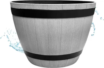 Produktbild von Große Holzfass-Optik Pflanzschale grau für draußen 51 x 36 cm