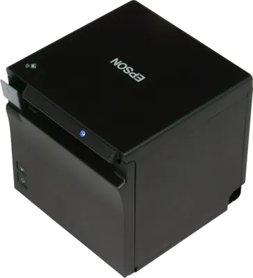 A black Epson TM-m30II receipt printer is shown from a slightly elevated diagonal angle.