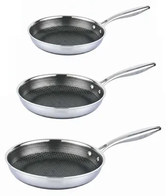 Three stainless steel frying pans with honeycomb pattern interiors are stacked vertically against a white background.