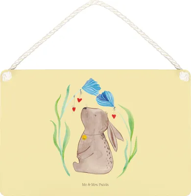 Produktbild von Mr. & Mrs. Panda Wandbild Holz Hase Blume DIN A5 - Gelb Pastell - Geschenk, holzbild, wandtafel, Schild, Türschild, Ostern, Kindergeburtstag, Geburt, Geburtstag, Hoffnung