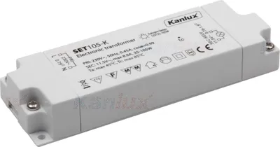 A white electronic transformer for halogen lamps is shown on a white background.