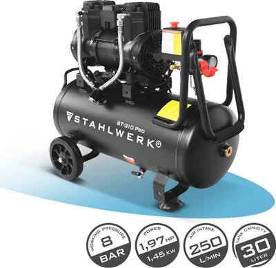 Zdjęcie produktu dla Sprężarka STAHLWERK ze zbiornikiem 30 l (ST-310 Pro) - bezolejowa i cicha sprężarka powietrza 8 bar z silnikiem bezszczotkowym, 1,97 KM, 1,45 kW, 250 l/min.