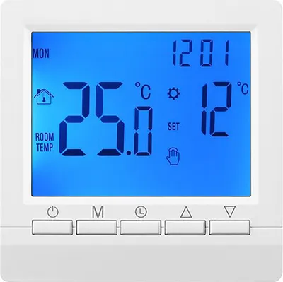 A digital thermostat display with temperature and time information.