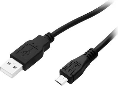 A black USB to microUSB cable is shown against a white background.