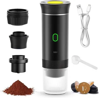 Produktbild von Elektrische portable Kaffeemaschine mit Akku für unterwegs - 3-in-1 Mini-Kapsel-Kaffeezubereiter Praktische Kaffeemaschine für Camping, Reisen, zu Hause, Auto, Camper, Wandern, Büro