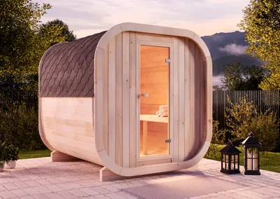 Produktbild von FinnTherm Fasssauna aus Holz ScandiCube Comfort, Outdoor-Sauna modern, Außensauna Garten mit 42 mm Wandstärke, Saunahaus 204 x 225 x 212 cm, nordische Fichte Thermoholz