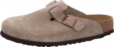 A single taupe Birkenstock Boston clog is shown from a side angle against a white background.