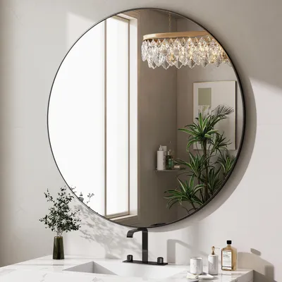 Produktbild von Koonmi runder Wandspiegel 45.7 cm, Aluminiumrahmen, Schwarz, Bad und Schminkspiegel zur Wandmontage für Badezimmer, Schlafzimmer und Eingangsbereich