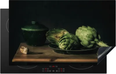 Produktbild von KitchenYeah© Herdabdeckplatte Stilleben - Teller - Artischocke - Malerei , 83x51cm, Küche Deko, Glaskeramikkochfeld Herdabdeckung, Abdeckplatte fùr Kochfeld