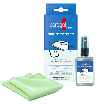 Produktbild von ceragol ultra Bügeleisenreiniger - Reinigungs-Spray für alle Bügel-Sohlen, Flüssig-Reiniger entfernt Schmutz & Kalk, 50ml + Tuch