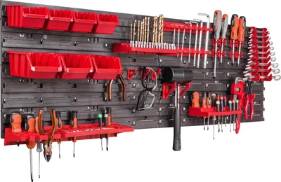 Obrázok produktu pre Úložný systém nástenná polica 115x39 cm, držiaky na náradie, 7 ks stohovacích boxov Schüt
