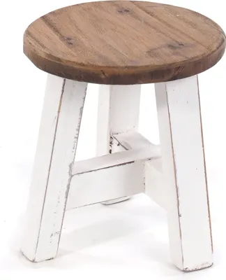 A small, round wooden stool with white, distressed legs, shown against a white background.