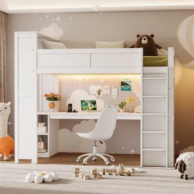 Produktbild von MODFU Hochbett 90×200 Jugendbett mit Schreibtisch und LED, Kinderbett mit Kleiderschrank und Stauraum, Holzbett Bettgestell ohne Matratze, Weiß