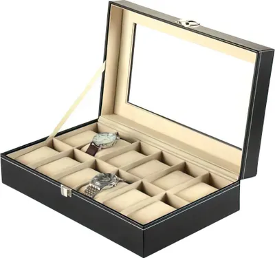 Produktbild von Sinoba Uhrenkoffer Uhrenbox Schaukasten Uhrenkasten Uhrenvitrine Leder-Look Echtglas-Fenster für 12 Uhren