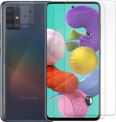 A Samsung Galaxy A51 smartphone with screen protectors and camera protectors.