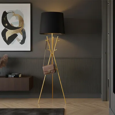 Produktbild von riess-ambiente Stehlampe WARDROBE 175cm gold schwarz Metall Stoffschirm Garderobe Flurlampe