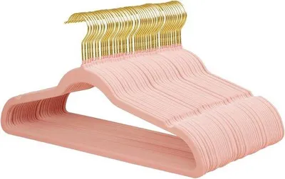 Produktbild von Famanu Kleiderbügel aus Samt - Antirutsch, ultradünn, platzsparend - 360 Grad drehbare goldene Haken - 48 Stück (rosa)