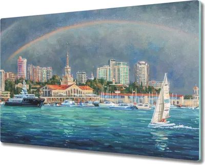 Produktbild von Coloray Hackbrett Herdabdeckplatte 80x52 cm Küchenbrett Kochplattenabdeckung Schneidebrett - Hafen von Schiffen Regenbogen