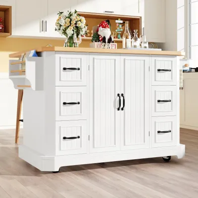 Obrázek produktu pro Kuchyňský vozík na kolečkách se 2 dvířky a 6 zásuvkami, moderní design – praktický ostrůvek do vaší kuchyně. Rozměry: 120 x 45 (75) x 91 cm, bílá