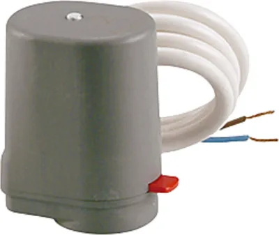 A product shot of a gray electrical actuator with white wiring and exposed wire ends.