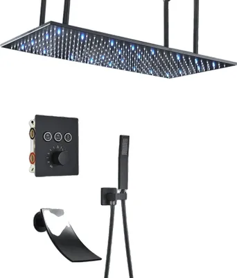 Produktbild von Decken-Duscharmatur, schwarze Ausführung, LED-Duschkopf, Schwarzes LED-Set D