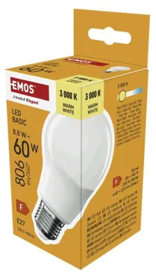 Productafbeelding van EMOS LED-lamp BASIC A60, fitting E27, warm wit licht, 806 lm, 8,8 W (vervangt een 60W gloeilamp), levensduur 20.000 uur, ZL5F47