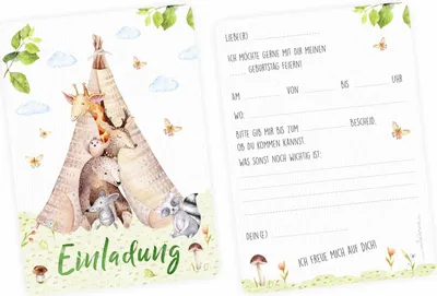 Produktbild von 10 Einladungskarten mit Mattfolie Tipi Tiere für Kindergeburtstag