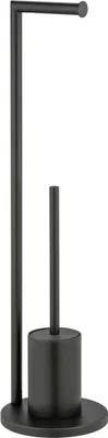 A black metal toilet brush and paper holder stand.