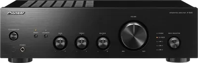 A front view of a black Pioneer integrated amplifier.